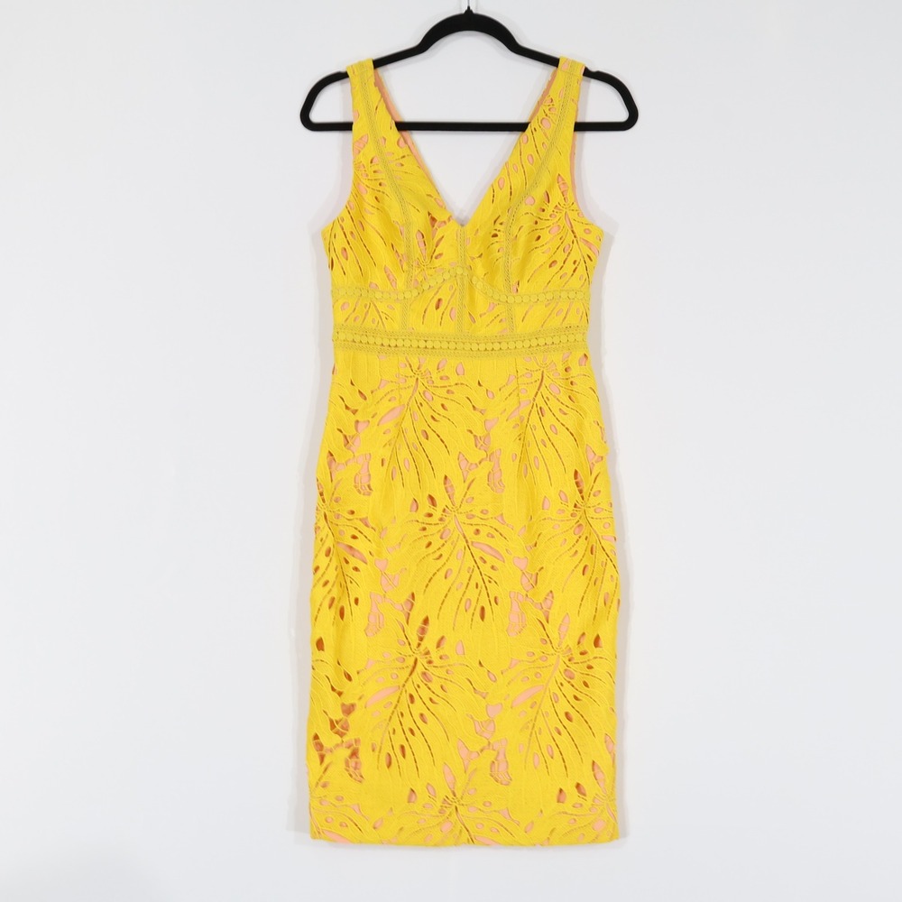 Maeve Sheath Dress Womens Size 2 Yellow Tropical Eyelet Crochet Trim Coquette